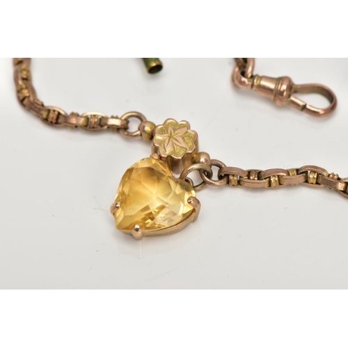 18 - A YELLOW METAL ALBERTINA WITH CHARMS, fancy link chain fitted with two foliate engraved links, suspe... 