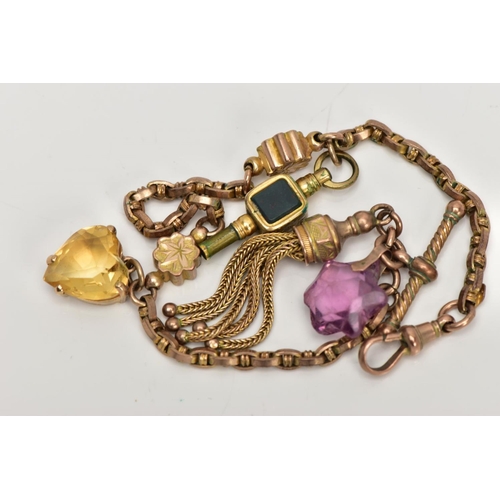 18 - A YELLOW METAL ALBERTINA WITH CHARMS, fancy link chain fitted with two foliate engraved links, suspe... 
