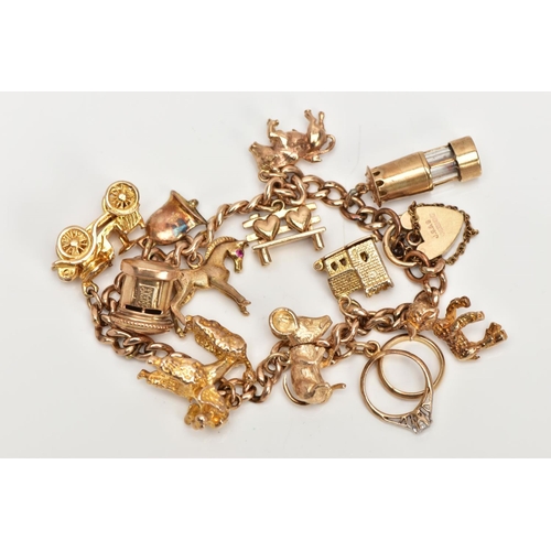 19 - A 9CT GOLD CHARM BRACELET, curb link bracelet, suspending eleven charms in forms such as a horse set... 