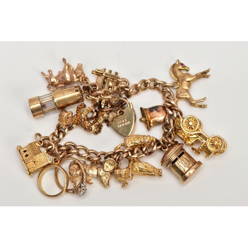 19 - A 9CT GOLD CHARM BRACELET, curb link bracelet, suspending eleven charms in forms such as a horse set... 
