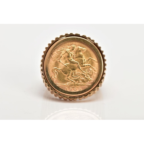 20 - A MOUNTED EDWARDIAN HALF SOVEREIGN RING, sovereign depicting King Edward VII, obverse depicting Geor... 