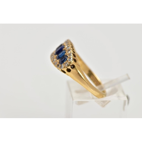 34 - A 18CT GOLD SAPPHIRE AND DIAMOND GRADUATED HALF HOOP RING, cushion cut sapphires, enclosed within a ... 