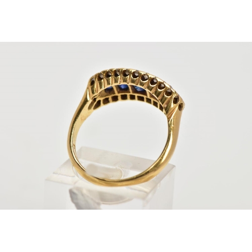 34 - A 18CT GOLD SAPPHIRE AND DIAMOND GRADUATED HALF HOOP RING, cushion cut sapphires, enclosed within a ... 