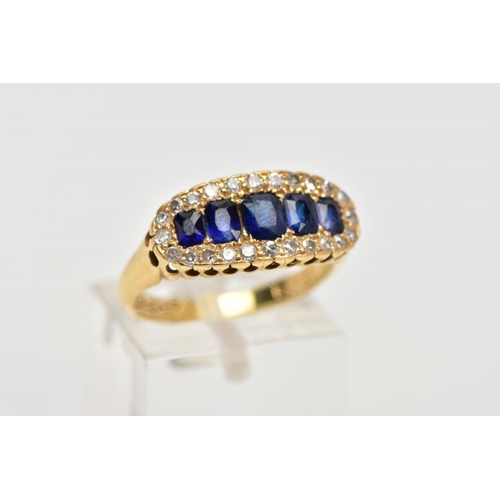 34 - A 18CT GOLD SAPPHIRE AND DIAMOND GRADUATED HALF HOOP RING, cushion cut sapphires, enclosed within a ... 