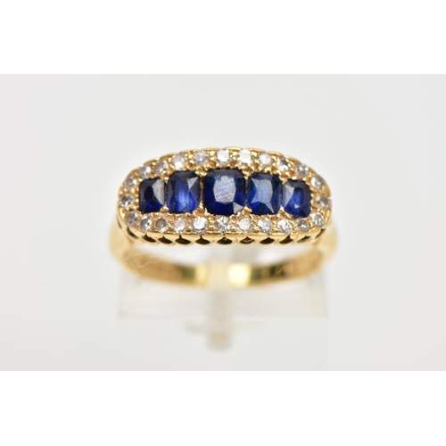 34 - A 18CT GOLD SAPPHIRE AND DIAMOND GRADUATED HALF HOOP RING, cushion cut sapphires, enclosed within a ... 