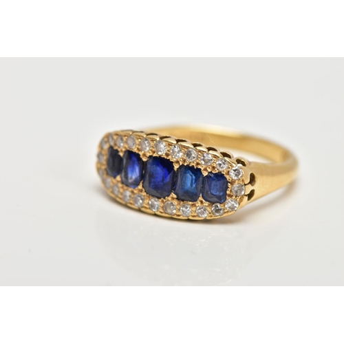 34 - A 18CT GOLD SAPPHIRE AND DIAMOND GRADUATED HALF HOOP RING, cushion cut sapphires, enclosed within a ... 