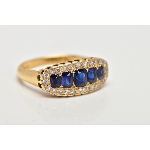 34 - A 18CT GOLD SAPPHIRE AND DIAMOND GRADUATED HALF HOOP RING, cushion cut sapphires, enclosed within a ... 
