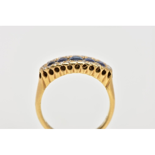 34 - A 18CT GOLD SAPPHIRE AND DIAMOND GRADUATED HALF HOOP RING, cushion cut sapphires, enclosed within a ... 