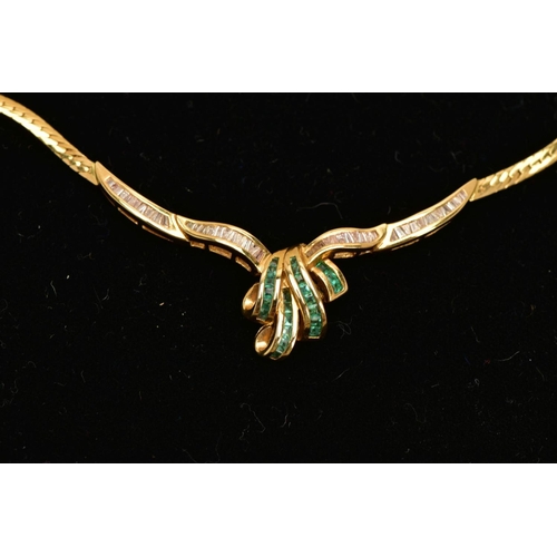 4 - AN 18CT GOLD EMERALD AND DIAMOND NECKLACE AND A PAIR OF 18CT GOLD EMERALD STUD EARRINGS, the central... 