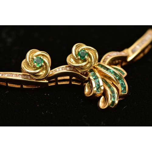 4 - AN 18CT GOLD EMERALD AND DIAMOND NECKLACE AND A PAIR OF 18CT GOLD EMERALD STUD EARRINGS, the central... 