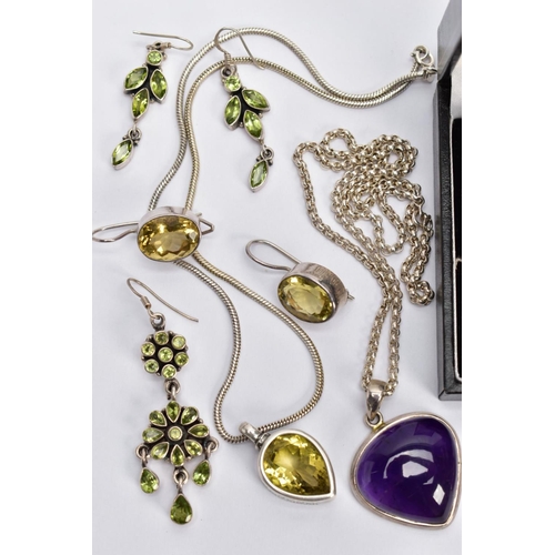 46 - A SELECTION OF WHITE METAL SEMI-PRECIOUS GEMSTONE JEWELLERY, to include a large polished oval fluori... 