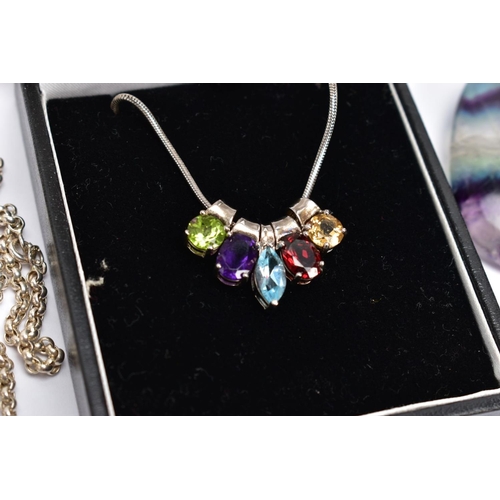 46 - A SELECTION OF WHITE METAL SEMI-PRECIOUS GEMSTONE JEWELLERY, to include a large polished oval fluori... 