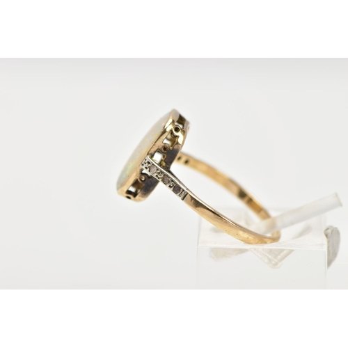 5 - AN OPAL AND DIAMOND RING, the rectangular opal within a milligrain setting with diamond detail to th... 