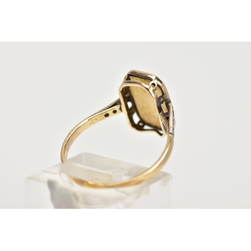 5 - AN OPAL AND DIAMOND RING, the rectangular opal within a milligrain setting with diamond detail to th... 