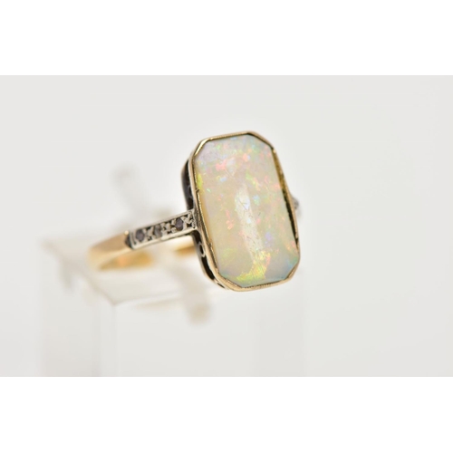 5 - AN OPAL AND DIAMOND RING, the rectangular opal within a milligrain setting with diamond detail to th... 