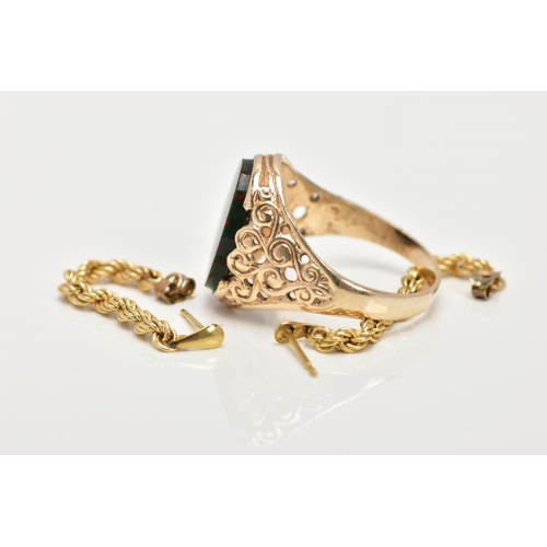 50 - A GENTS 9CT GOLD SIGNET RING AND A PAIR OF YELLOW METAL ROPE TWIST EARRINGS, designed with an oval b... 