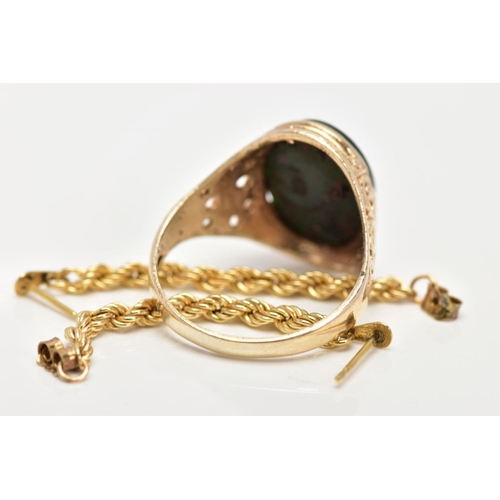 50 - A GENTS 9CT GOLD SIGNET RING AND A PAIR OF YELLOW METAL ROPE TWIST EARRINGS, designed with an oval b... 