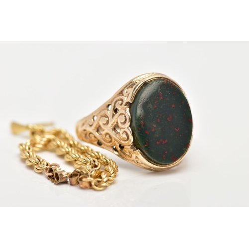 50 - A GENTS 9CT GOLD SIGNET RING AND A PAIR OF YELLOW METAL ROPE TWIST EARRINGS, designed with an oval b... 