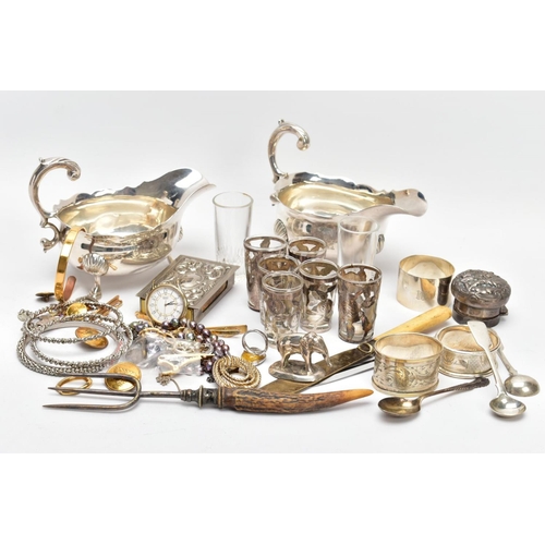 100 - A BOX OF SILVER AND OTHER METALWARE, to include three hallmarked napkin rings, a silver cap for a mi... 