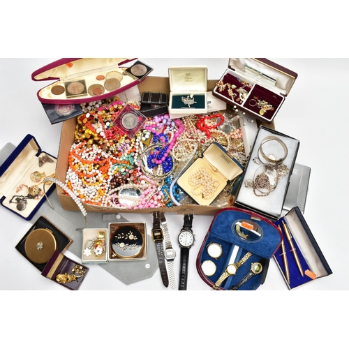 101 - A BOX OF SILVER AND COSTUME JEWELLERY, to include a silver rope link chain, three silver bangles, pe... 