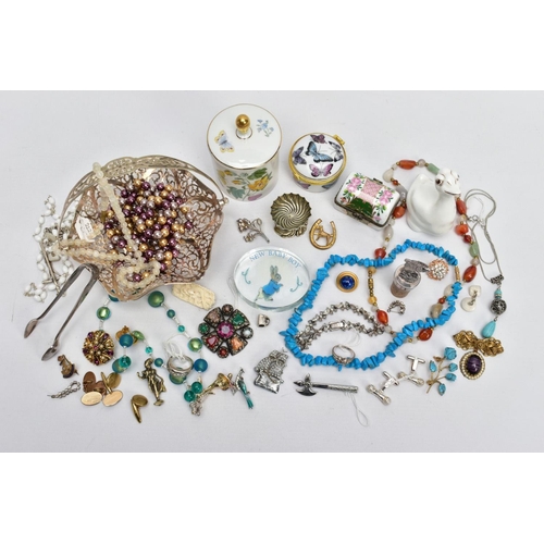 104 - A MIXED TRAY OF CERAMICS, METALWARE AND COSTUME JEWELLERY, to include a Portmerion lidded jar with f... 