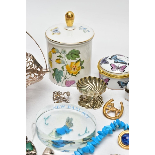 104 - A MIXED TRAY OF CERAMICS, METALWARE AND COSTUME JEWELLERY, to include a Portmerion lidded jar with f... 