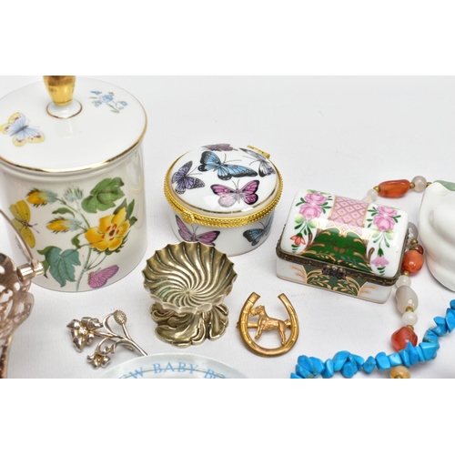 104 - A MIXED TRAY OF CERAMICS, METALWARE AND COSTUME JEWELLERY, to include a Portmerion lidded jar with f... 