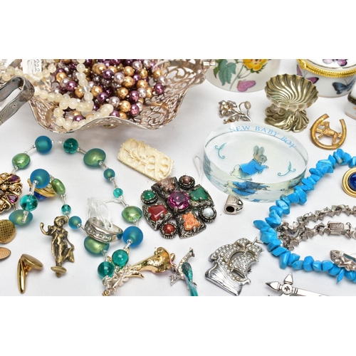 104 - A MIXED TRAY OF CERAMICS, METALWARE AND COSTUME JEWELLERY, to include a Portmerion lidded jar with f... 