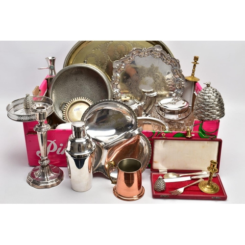 105 - A MIXED BOX OF METALWARE, to include silver plated serving trays, cocktail shakers silver plated tea... 