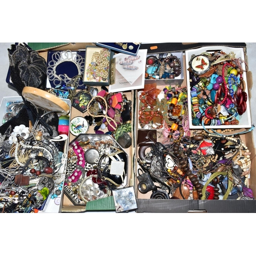 107 - TWO BOXES OF MAINLY COSTUME JEWELLERY, to include a beaded evening bag with matching belt, six compa... 