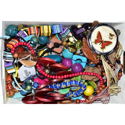 107 - TWO BOXES OF MAINLY COSTUME JEWELLERY, to include a beaded evening bag with matching belt, six compa... 