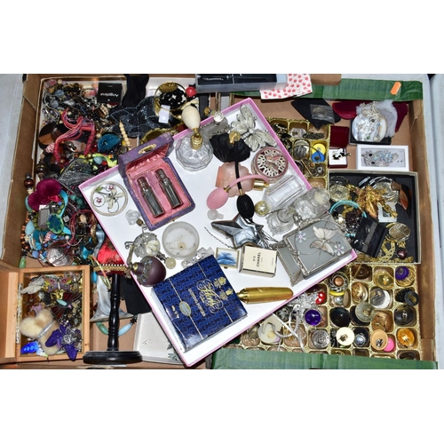 108 - TWO BOXES OF MAINLY COSTUME JEWELLERY, to include various butterfly brooches, a micro mosaic brooch,... 