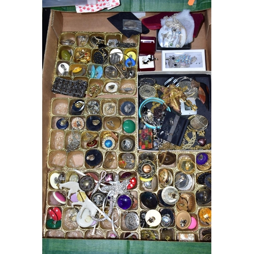 108 - TWO BOXES OF MAINLY COSTUME JEWELLERY, to include various butterfly brooches, a micro mosaic brooch,... 