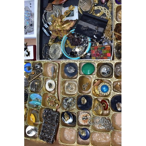 108 - TWO BOXES OF MAINLY COSTUME JEWELLERY, to include various butterfly brooches, a micro mosaic brooch,... 
