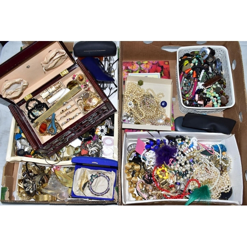 109 - TWO BOXES OF MAINLY COSTUME JEWELLERY, to include a 'Jewelcraft' leaf brooch, a continental decorati... 