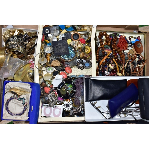 109 - TWO BOXES OF MAINLY COSTUME JEWELLERY, to include a 'Jewelcraft' leaf brooch, a continental decorati... 
