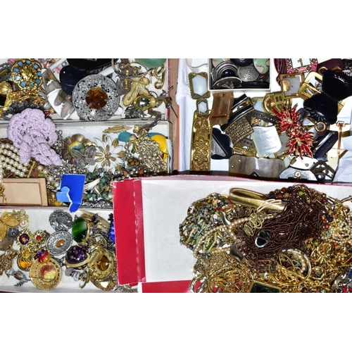 111 - THREE BOXES OF MAINLY COSTUME JEWELLERY, to include bone china flower brooch, an 'Exquisite' leaf br... 