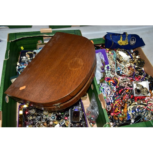 112 - TWO BOXES OF MAINLY COSTUME JEWELLERY, to include semi-circular hinged wooden box, a Red Grouse 'Mir... 