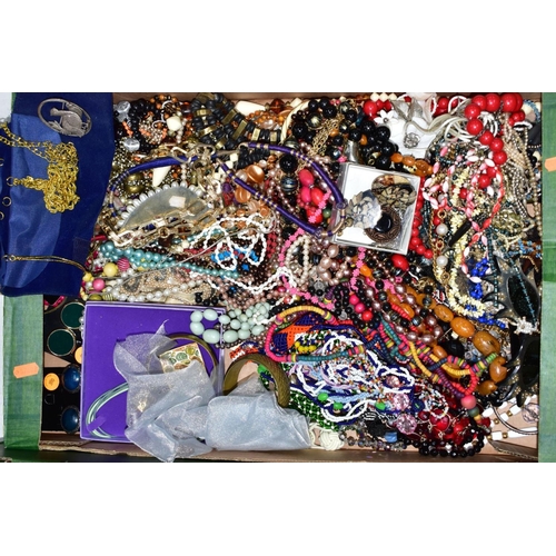 112 - TWO BOXES OF MAINLY COSTUME JEWELLERY, to include semi-circular hinged wooden box, a Red Grouse 'Mir... 