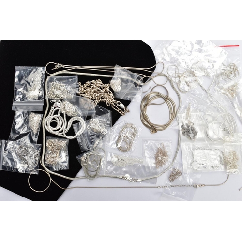 113 - A SELECTION OF SILVER AND WHITE METAL CHAINS, to include snake link, rope twist, belcher link, bead,... 