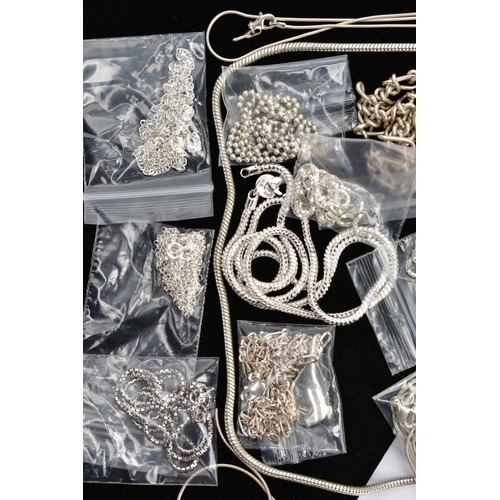113 - A SELECTION OF SILVER AND WHITE METAL CHAINS, to include snake link, rope twist, belcher link, bead,... 