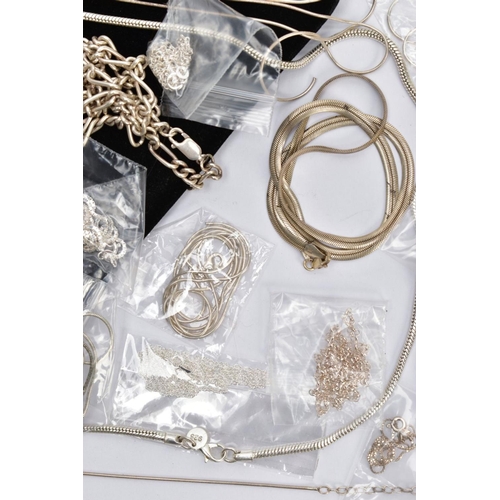 113 - A SELECTION OF SILVER AND WHITE METAL CHAINS, to include snake link, rope twist, belcher link, bead,... 