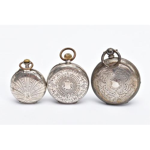 114 - THREE EARLY 20TH CENTURY SILVER OPEN FACE POCKET WATCHES, all with Roman numerals and engraved decor... 