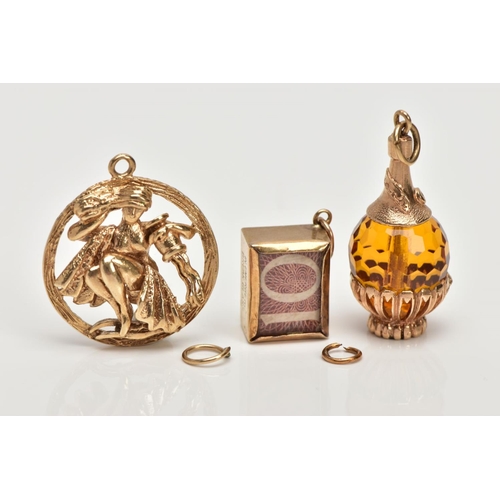 119 - THREE 9CT GOLD CHARMS, to include a wine bottle charm with faceted orange glass bead body, an encase... 