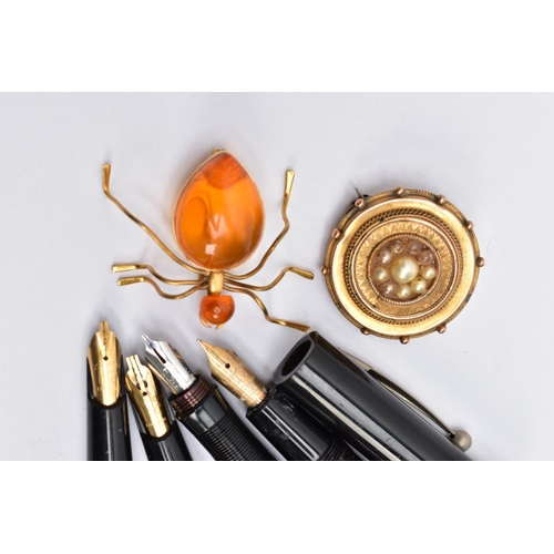 124 - A SMALL SELECTION OF ITEMS, to include an amber cabochon bug brooch, a late Victorian memorial brooc... 