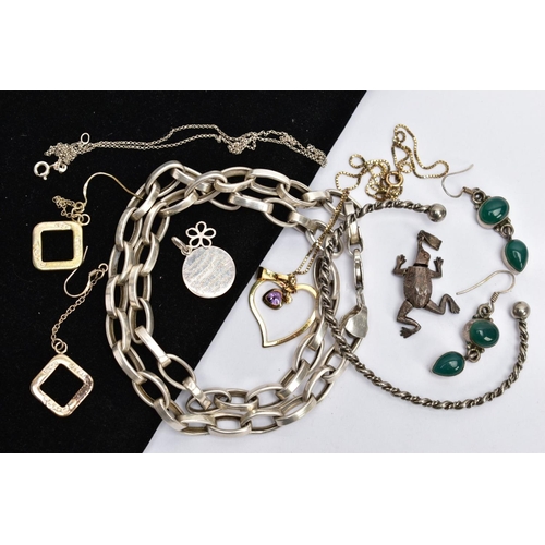 126 - SEVEN ITEMS OF JEWELLERY, to include a thick belcher link necklace, two pairs of drop earrings a hea... 