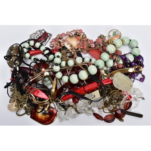 131 - A SELECTION OF COSTUME JEWELLERY, to include a Miracle pendant, a Jaeger multi-chain necklace, an Er... 