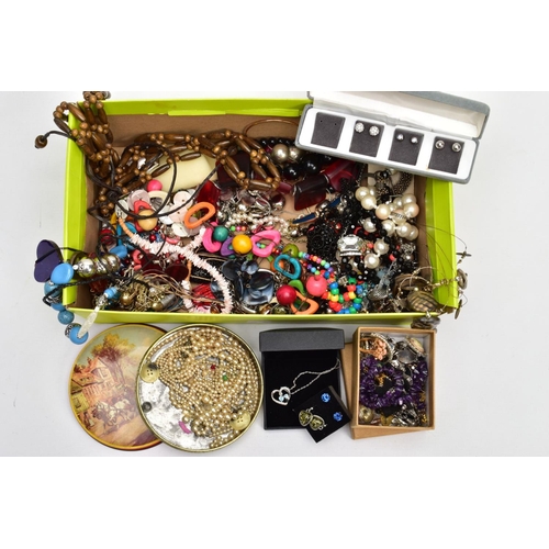 134 - A SMALL BOX OF COSTUME JEWELLERY, to include an amethyst necklace, a silver blue topaz and diamond h... 