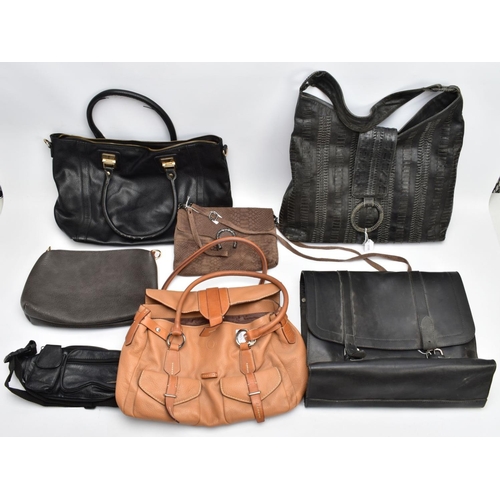 135 - SIX BAGS, to include a black leather Warehouse tote bag, a brown suede Vimoda bag with alligator ski... 