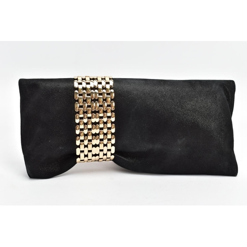 136 - A JIMMY CHOO BLACK SUEDE EVENING BAG, of fold over design, the suede with a shimmer finish, with a b... 